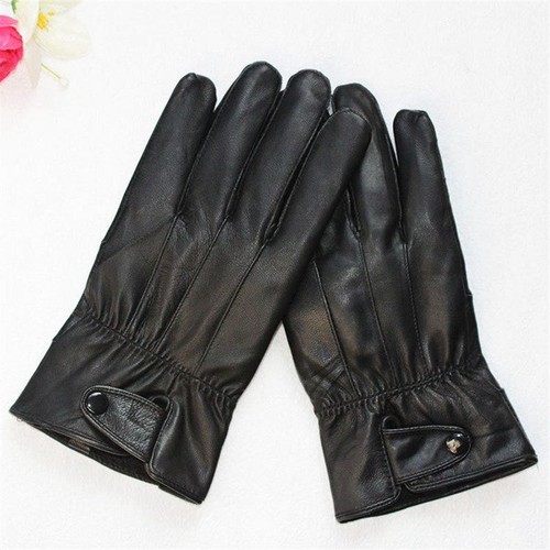 Leder warm weich gefütterter Knopf Herren schwarz Winterhandschuhe Fahrvlies - Bild 4 von 8