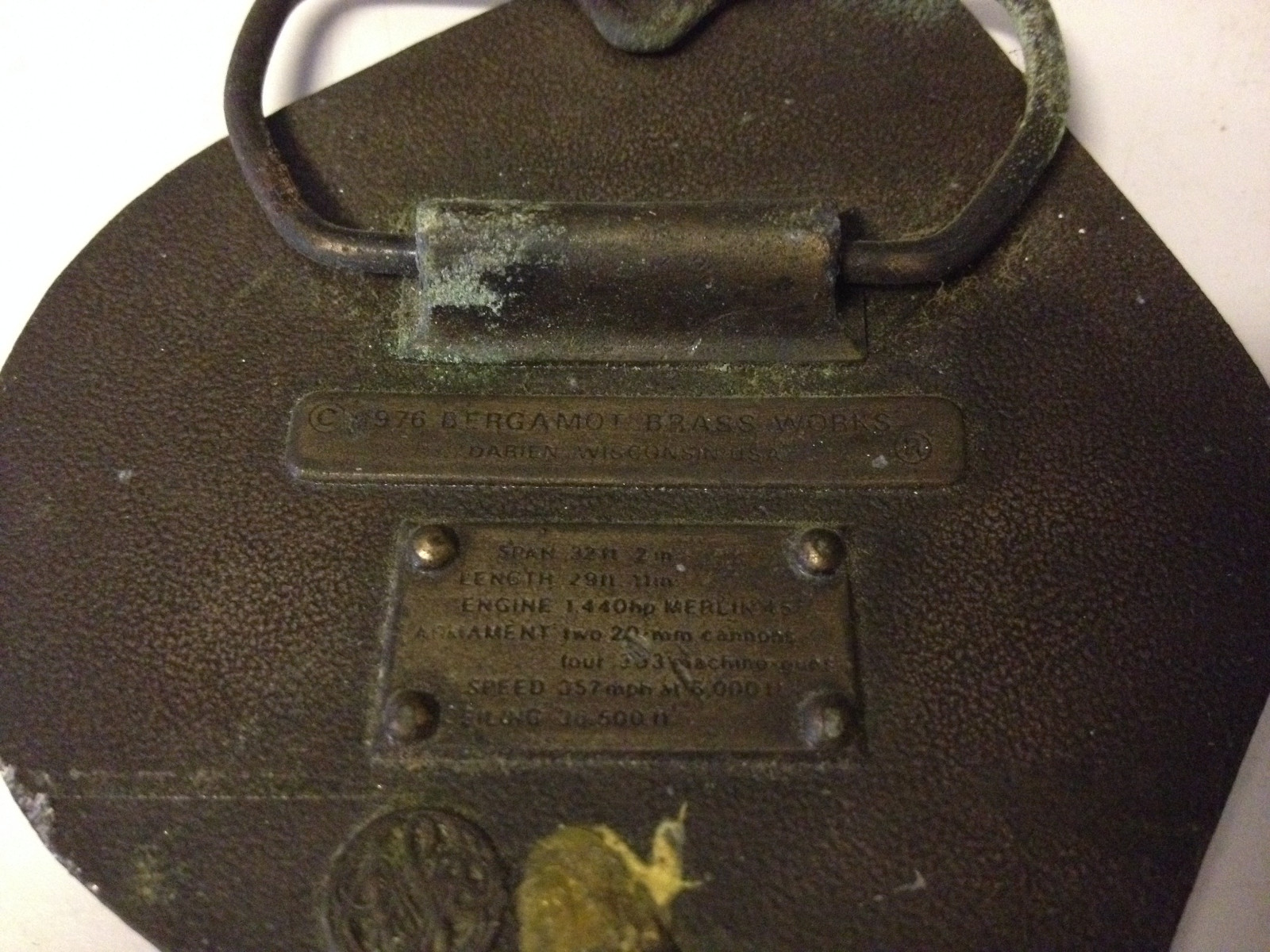 Vintage 1976 Bergamot Brass Works Belt Buckle Super Marine Spitfire MK5 Plane