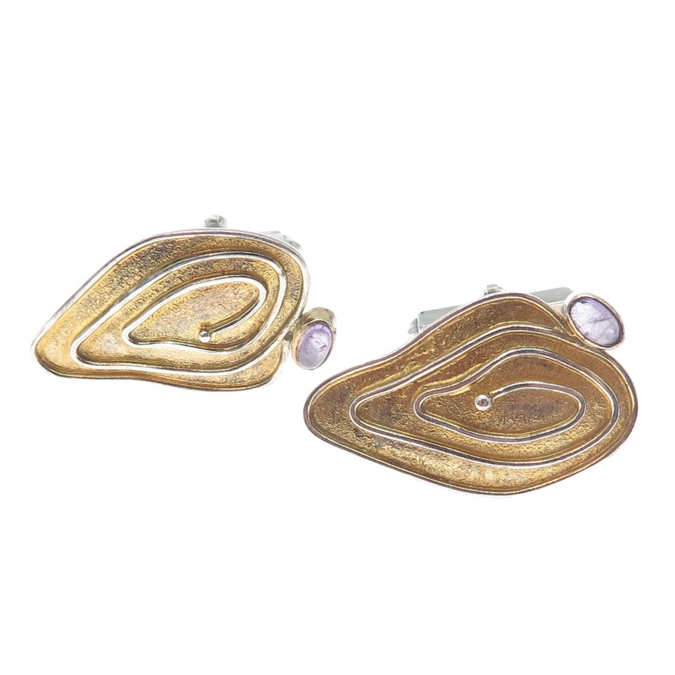 Gemelos modernistas vintage de plata de ley 925 de 2 tonos con piedras preciosas de amatista real Foto 4 de 4