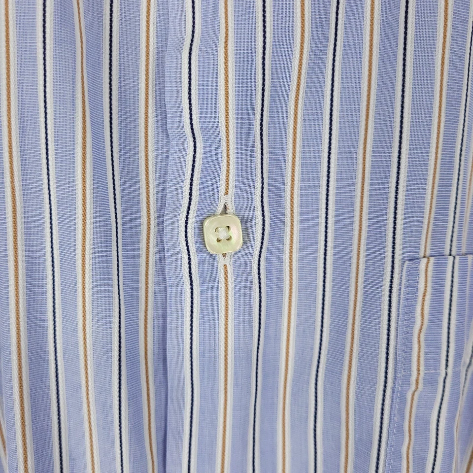 Santorelli Shirt Mens Medium 15.5 Trim Fit Blue Brown Striped Spread Collar - Image 3 of 4