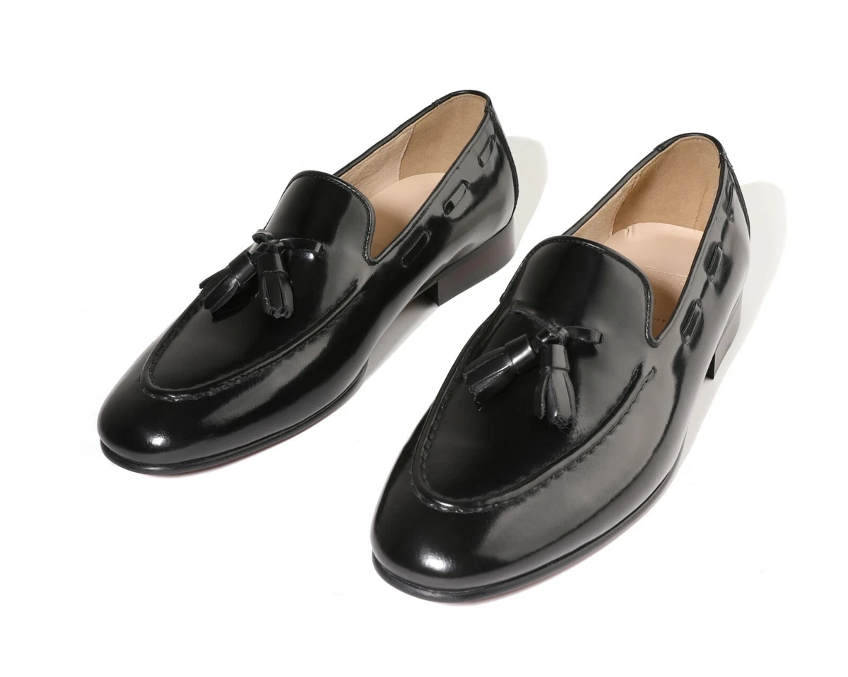 Firenze Atelier Men s Polished BLACK Leather Tassel Slip on