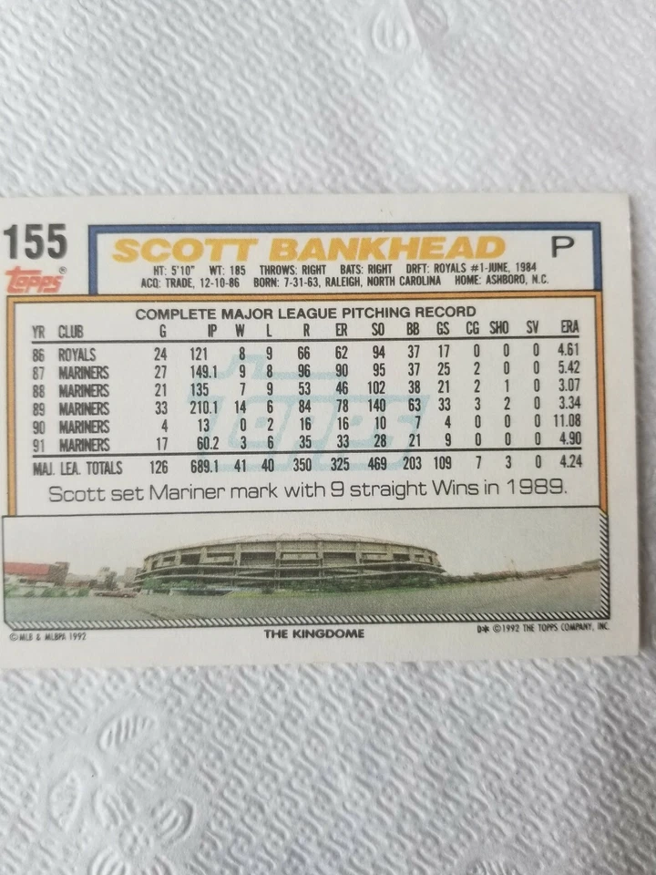 1992 Topps Scott Bankhead #155 - Image 2 of 2