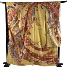 JAPANESE KIMONO FURISODE Beige 162cm 5 ft 4 in PURE SILK AA9997