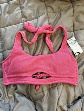 SHADE  SHORE pink crinkle cut out Halter swim bikini top women's size SMALL