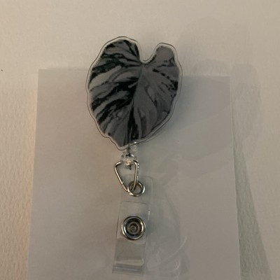 Leaf Design Retractable ID Badge Holder Black Gray for Women Nature Theme