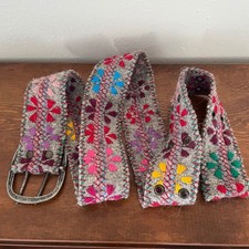 Jenny Krauss Embroidered Wool Handmade Belt Boho Small Gray Multi Floral Flower