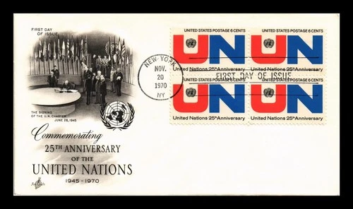 DR JIM STAMPS US COVER UNITED NATIONS 25TH ANNIVERSARY FDC BLOCK OF 4 ARTCRAFT