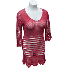 ESY Studio EY Crochet Big Hole Fairy Cottage Dress Womens XL Burgundy Round Neck