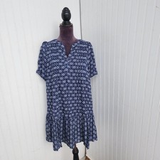 LOFT Blue White Geo Print Babydoll Mini Dress Modal Rayon Short Sleeve Sz M