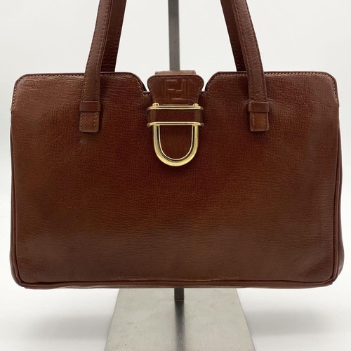 FENDI Handbag FF Pattern Logo Embossed Gold Metal Fittings Leather - Picture 2 of 10