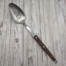 VTG Ekco Flint Slotted Serving Cooking Spoon Wood Handle Hanging Hole Farmhouse