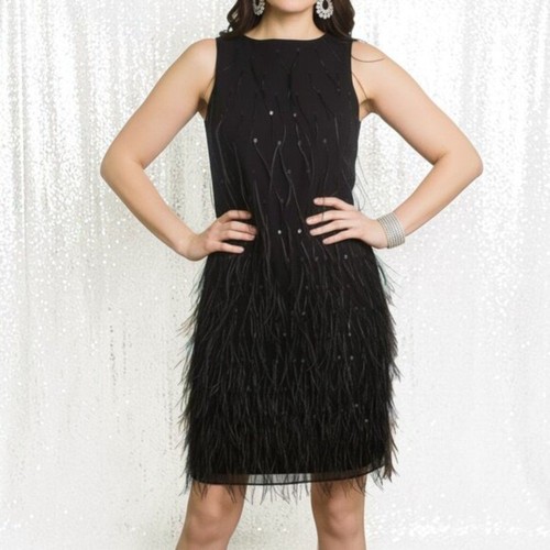 St. John Couture Black Sheath Dress with Sequin and Feather details~$1395