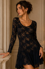 Hot Topic Black Sheer Lace Gothic Dress Long Sleeve Mesh Fit & Flare SZ Medium