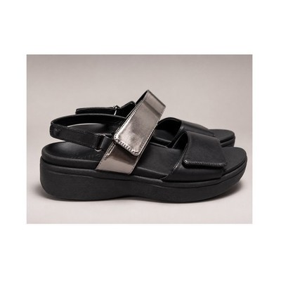 Vionic Fay Sandals 7.5 Wide Black Metallic Pewter Platform Adjustable Comfort