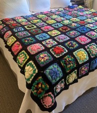 Vintage Large Granny Square Quilt Roseanne Crochet Afghan Blanket Flowers