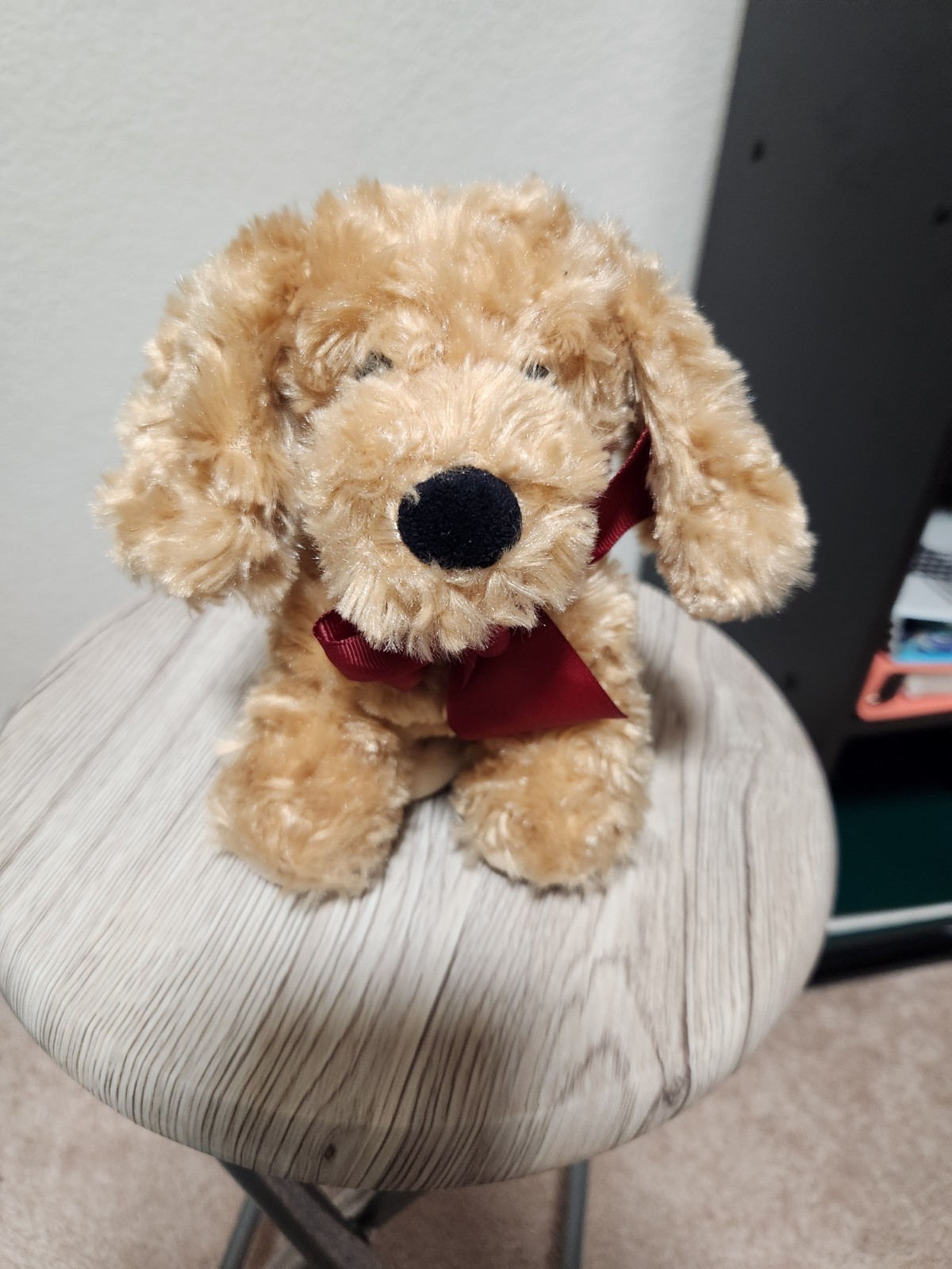 Plush Light Brown Poodle Dog Toy with Adorable Red Bow