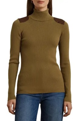 Lauren Ralph Lauren Faux Leather Trim Ribbed Turtleneck S  Knit Cotton Blend NWT