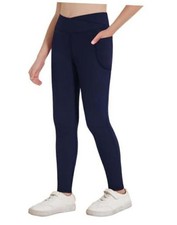 Girls Athletic Leggings Cross High Waisted Yoga Pants 13-14 Years Navy Blue