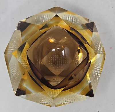 Sommerso Murano Flavio Poli  Gold Faceted Glass Ashtray Italy Candle Dish Chip