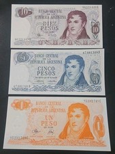 Argentina 1970-1973 3 Note Set 1, 5,10 Peso  UNC Banknotes  