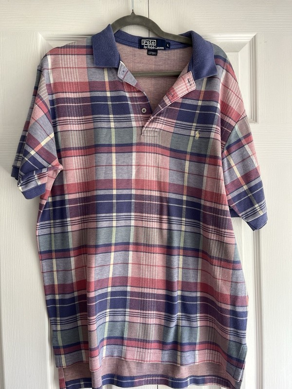 Vintage Polo By Ralph Lauren  Pastel Plaid Cotton  Polo Shirt Men Size L - USA