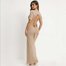 💥NWT Reformation Dosch Rib Knit Tie Back Backless Maxi Dress Sand Sz XL🧡