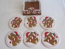 Vintage Christmas Teddy Bear Coasters in a Wood Tray