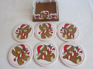 Vintage Christmas Teddy Bear Coasters in a Wood Tray