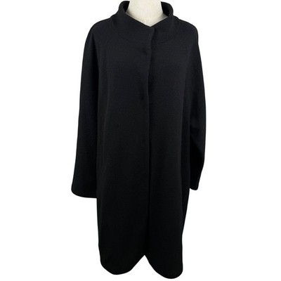 Cynthia Rowley Women 2X Wool Coat Black Funnel Neck Hidden Button Minimalist EUC