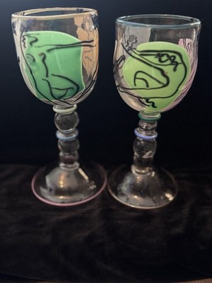 William Katherine Bernstein Signed Art Glass Goblets Abstract Faces Pair