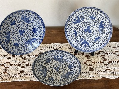 Vintage Japanese Phoenix Ware Blue And White Dinner Plates Japan Mixed Lot of 3