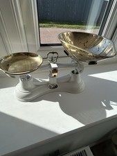 Vintage Salter No 56 Kitchen Balance Scales - White Cast Iron & Polished Brass