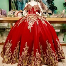 Red Spaghetti Strap Quinceanera Dresses Gold Applique Birthday Party Sweet 16