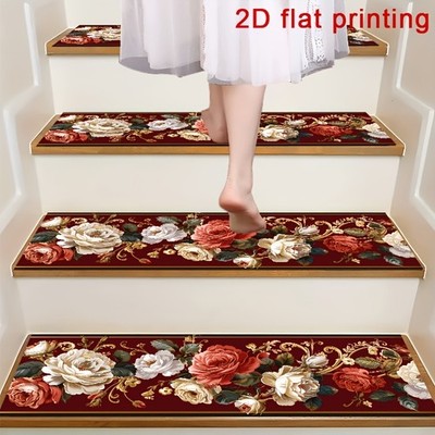 Red Golden Rose Floral Pattern Printed Stair Mat, Non-Slip Step Mat, Protectiv