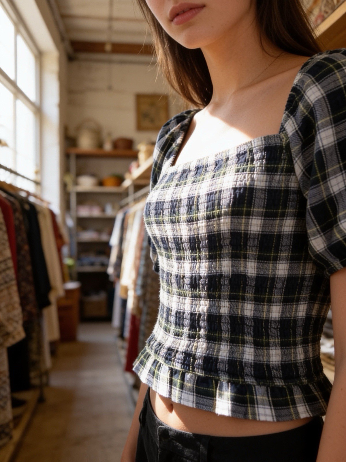 American Eagle Outfitters Plaid Smocked Ruffle Puff Sleeve Cropped Blouse XS