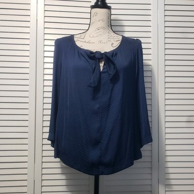 Cabi Micro-Dot Blouse Women's Size Small Blue Front Tie Neckline Long Sleeve Top