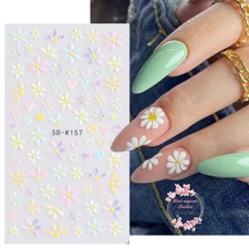 5D Nail Stickers Embossed Daisy Flower Bride Decals Nail Art Decoration DIY