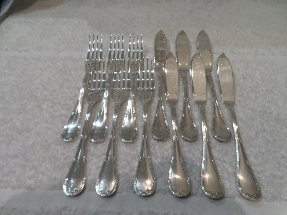 Juego de cubiertos de pescado vintage 1990 francés plateado 12p Christofle Rubans LXVI Foto 2 de 4