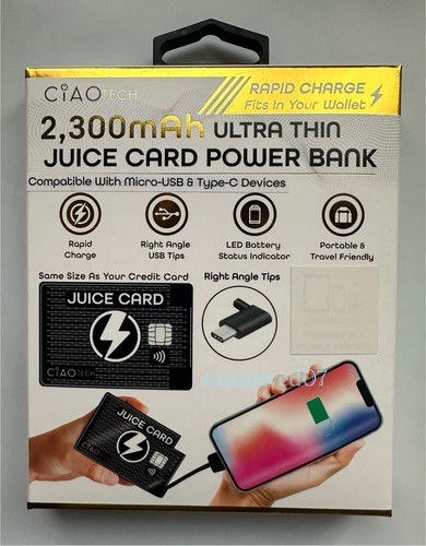 CiAO TECH® Juice Card Ultra Thin Credit Card Power Bank 2,300 mAh Fits in Wallet - Picture 8 of 10