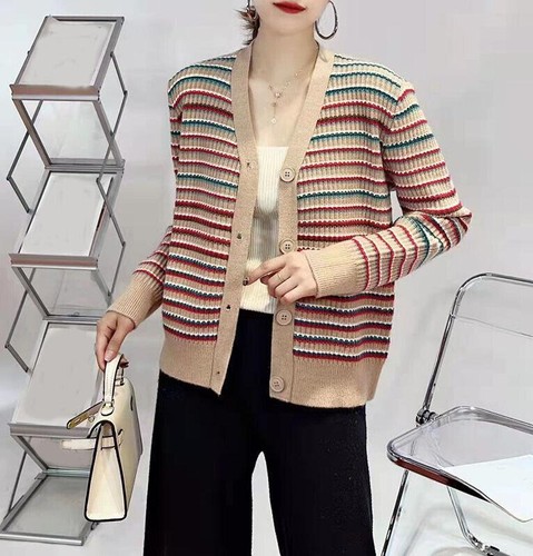 2022 Autumn Color Stripe Sweater Coat Women Single-Breasted Knit Jacket Cardigan