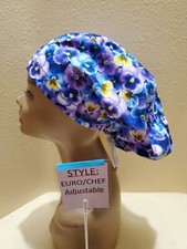 Pansies Blue  Purple Women's Euro/Chef Surgical Scrub Hat/Cap Handmade