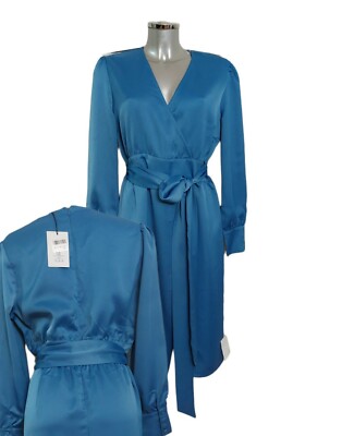 Glamorous Studio Blue Satin Belted Midi Dress - Size: 14 New