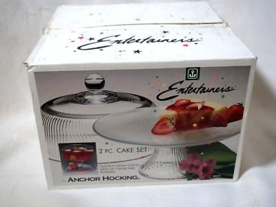 Anchor Hocking Entertainers 2 Piece Cake Set/Stand Ribbed Heavy Glass NIB