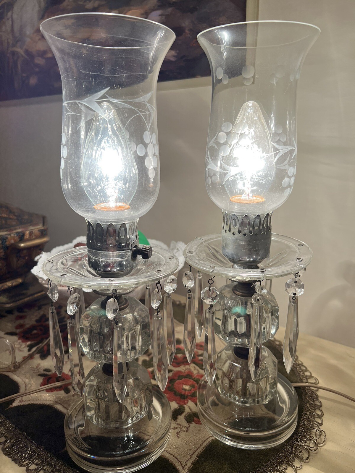 Pair of Vintage Etched Crystal Hurricane Lamps with Prisms Sparkle