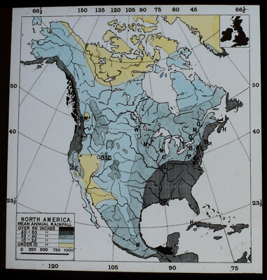 NORTH AMERICA MEAN ANNUAL RAINFALL MAP C1920 ANTIQUE Magic Lantern Slide USA