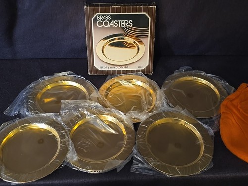 1983 Vintage Solid Brass coasters Set 6 In Box With Cloth Bag Action Industries - Picture 14 of 15
