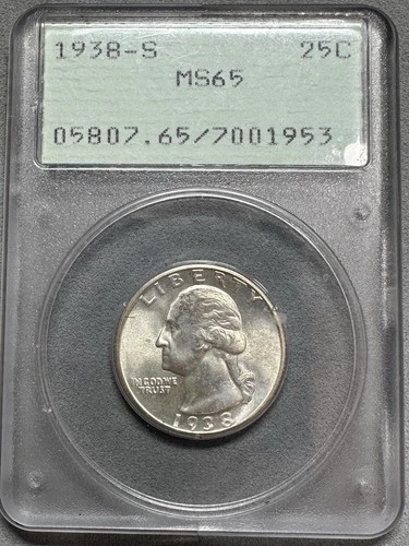 1938-S   WASHINGTON QUARTER   PCGS  MS65   RATTLER HOLDER  BETTER DATE