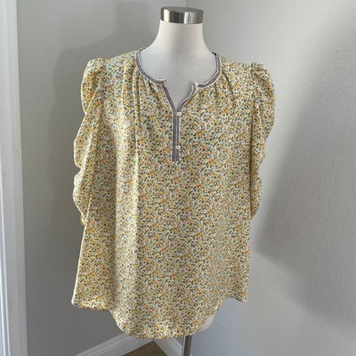 Max Studio Womens Plus 2X Yellow Floral Ruched Sleeve Split Neck Blouse Shirt