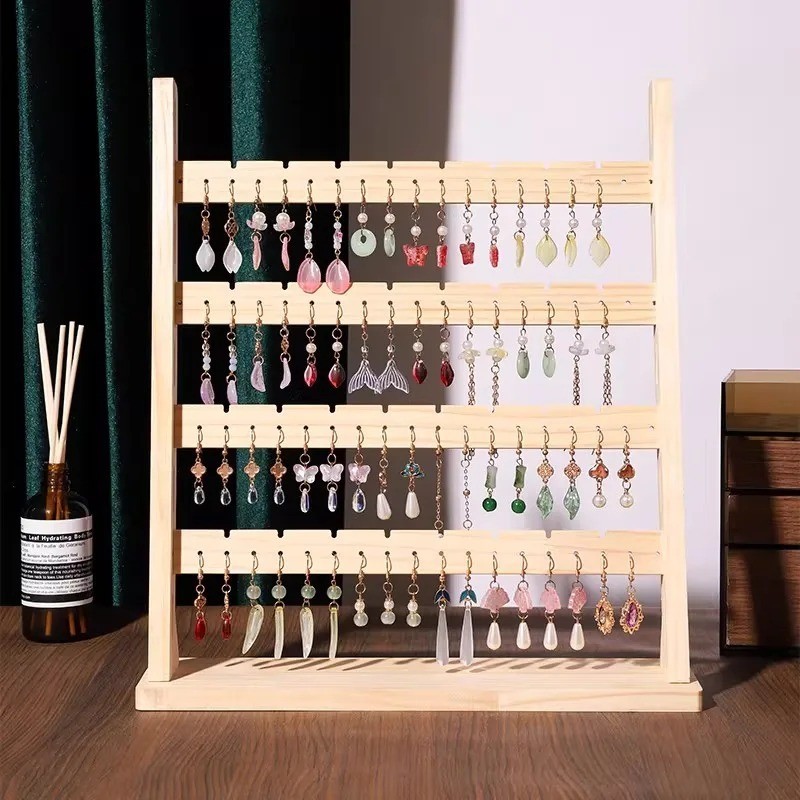 Soporte organizador de joyas desmontable con soporte de exhibición de pendientes de madera de 4 niveles