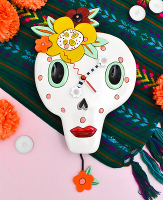   New ALLEN DESIGNS Wall Clock BONITA BONES Sugar Skull Flower Swing Pendulum